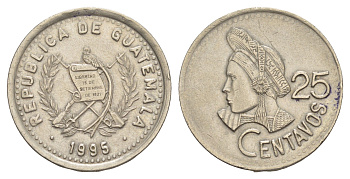 Гватемала 25 сентаво 1995 брак, разворот на 30 градусов KM 278.5 медно-никель 4642-823