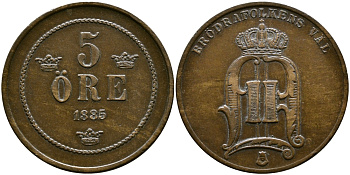 Швеция 5 эре 1885 Оскар II (1872-1907) король Швеции и Норвегии KM 736 бронза 51-5112