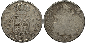 Испания 2 реала 1777 PJ, Карлос III (1759-1788) KM 412.1 (C38.1) серебро 650-921