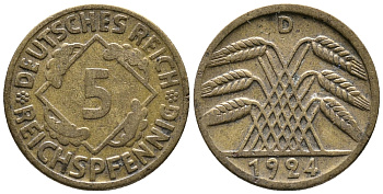 ГЕРМАНИЯ 5 РЕЙХСПФЕННИГОВ 1924 D KM 39, J. 316 алюминиевая бронза 39-531