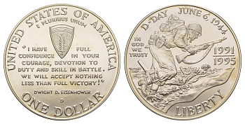 США 1 доллар 1993 D, 50 лет высадке союзников в Нормандии (День Д) в 1944, 1991-1995 KM 244 серебро BU 11-263-14