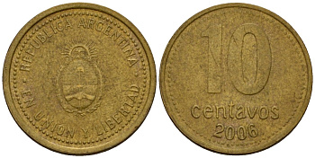 Аргентина 10 сентаво 2006 герб KM 107 алюминиевая бронза 4602-845