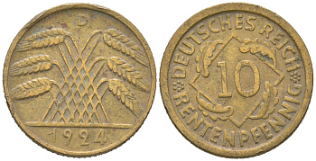 Германия 10 рентенпфеннигов 1924 D KM 33, J. 309 алюминиевая бронза 4124-164