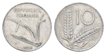 Италия 10 лир 1954 R, плуг, колосья KM 93 алюминий 4704-526