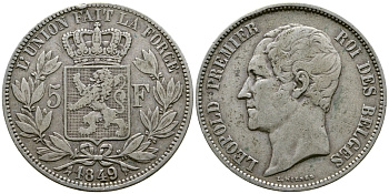 Бельгия 5 франков 1849 Леопольд I (1831-1865) KM 17 серебро 74-1114