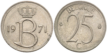Бельгия 25 сантимов 1971 BELGIQUE, монетный тип KM 153.1 медно-никель 4594-557