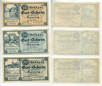 Австрия набор из 3 банкнот 1920 7-15 октября 1920, нотгельд, 10, 20, 50 геллеров, TEXING   бумага  XF 7523-54-3-1