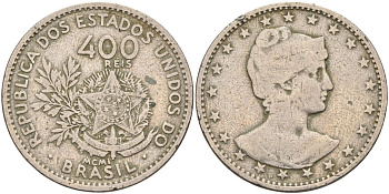 Бразилия 400 рейс 1901 голова свободы вправо KM 505 медно-никель 4367-234