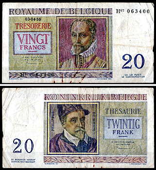 Бельгия 20 франков 1956 Pick 132 b бумага 8604-6-2-2