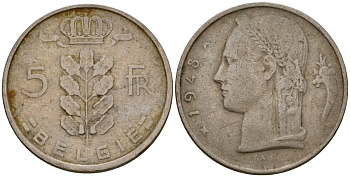 Бельгия 5 франков 1948 Belgie, Бодуэн I (1951-1993) KM 135 медно-никель 4397-456
