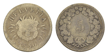Швейцария 5 раппенов 1850 BB KM 5 серебро 4655-252