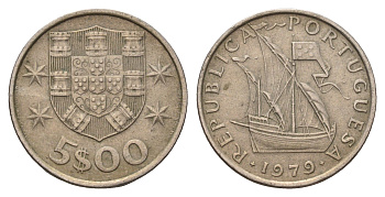 Португалия 5 эскудо 1979 парусник KM 591 медно-никель 4707-234