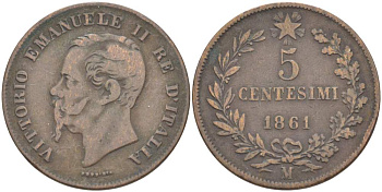 ИТАЛИЯ 5 ЧЕНТЕЗИМО 1861 М, МОНДВОР МИЛАН, ВИКТОР ЭММАНУИЛ II (1861-1878) KM 3.2 медь 4182-1244