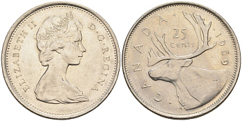 Канада 25 центов 1969 Елизавета II (1952-2022), олень KM 62 b никель 4126-523