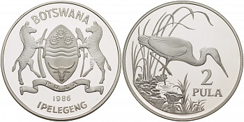 Ботсвана 2 пула 1986 серия защита окружающей среды, тихоокеанская белая цапля, тираж 25000 экз. KM 18 серебро PROOF 01-147-21