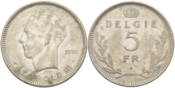 Бельгия 5 франков 1936 Леопольд III (1934-1951), Belgie KM 109 никель 3851-526