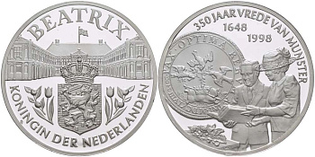 Нидерланды медаль ND королева Беатрикс, 350 лет Мюнстерского мира (1648-1998), диаметр 38,5 мм., вес 22,12 гр.  серебро  PROOF  1078-6-54