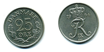 ДАНИЯ 25 ЭРЕ 1964 KM 850 медно-никель 04-922