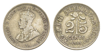 Цейлон 25 центов 1913 Георг V (1910-1936) KM 105 серебро 1516-1211