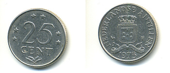 Нидерландские Антилы 25 центов 1975 Юлиана (1948-1980) KM 11 никель 4379-241