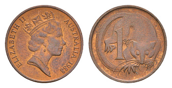 Австралия 1 цент 1988 Елизавета II (1952-2022), второй портрет, опоссум KM 78 бронза 4655-1226