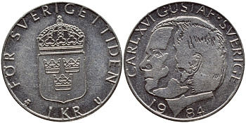 Швеция 1 крона 1984 Карл XVI Густав (1973- ) KM 852a медно-никель 4397-1151