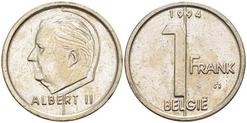 БЕЛЬГИЯ 1 ФРАНК 1994 BELGIE, АЛЬБЕРТ II (1993-) KM 188 железо плакированное никелем 3851-1149