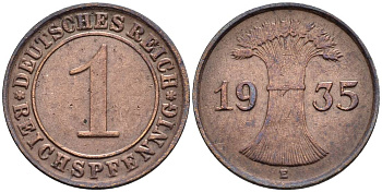 ГЕРМАНИЯ 1 РЕЙХСПФЕННИГ 1935 E KM 37, J. 313, Weege 2 бронза 4547-219