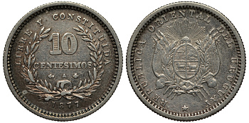 УРУГВАЙ 10 СЕНТЕСИМО 1877 А, ЯКОРЬ СЛЕВА KM 14 серебро 633-614