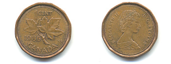 Канада 1 цент 1986 Елизавета II (1952-2022), кленовый лист KM 132 бронза 177-1416
