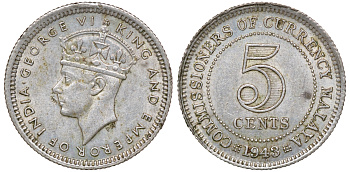 Британская Малайя 5 центов 1943 Георг VI (1937-1952) KM 3a серебро 53-134