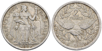 Французская Новая Каледония 2 франка 1982 птица кагу, (IEOM) KM 14, Schoen 11, Lec 62 алюминий    27-534