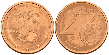 Финляндия 2 евроцента 1999  KM 99 сталь плакированная медью  UNC  4160-355