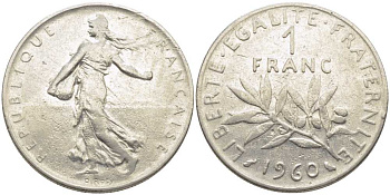 ФРАНЦИЯ 1 ФРАНК 1960 СЕЯТЕЛЬ KM 925.1, LE FRANC 226.4 никель 175-457