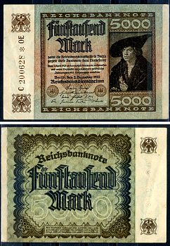 Германия 5000 марок 1922 2 декабря 1922, водяной знак E, серия OE, буква C Pick 81 a бумага 8589-23-3-1