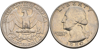 США 25 центов (квотер) 1980 D, Вашингтон KM A164a медь плакированная медно-никелем 4592-221