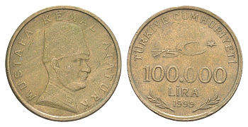 Турция 100000 лир 1999 Кемаль Ататюрк KM 1078 медь цинк нкиель 4577-1136