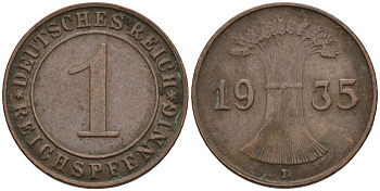 Германия 1 рейхспфенниг 1935 D KM 37, J. 313 бронза 4549-664