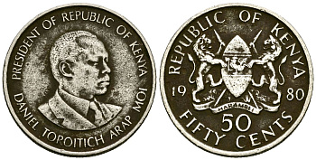 Кения 50 центов 1980 Дэниэл арап Мои KM 19 медно-никель 4138-516