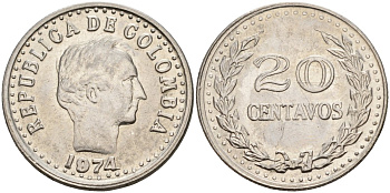 Колумбия 20 сентаво 1974 Симон Боливар KM 246 сталь плакированная никелем 4538-231