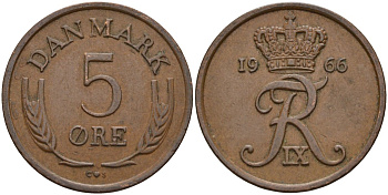 Дания 5 эре 1966 C; S, Фредерик IX (1947-1972) KM 848.1 бронза 4525-423