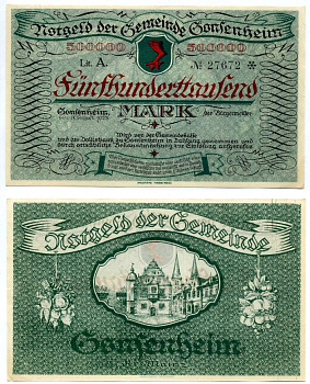 ГОНЗЕНХАЙМ 500000 марок 1923 17 августа 1923, нотгельд, земля ГЕССЕН, буква А Keller 1850 бумага 2193-27-3-1