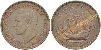 Великобритания 1/2 пенни 1948 Георг VI (1936-1952) KM 844, Spink 4115 бронза 4681-112