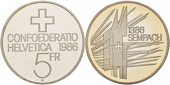 Швейцария 5 франков 1986 B, 600 лет битве при Земпахе KM 65 медно-никель PROOF 1087-3-42