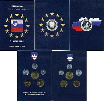 Словения набор из 6 монет + медаль 1992-2004 медаль серебро 2004 Европа, PROOF, в оригинальном буклете UNC 4-4-1-50