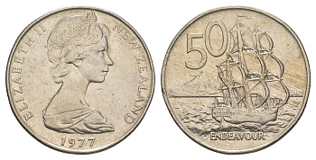 Новая Зеландия 50 центов 1977 Елизавета II (1952-2022), парусник Индевор KM 37 медно-никель 189-236