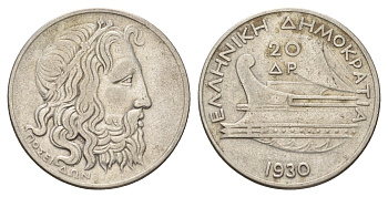 Греция 20 драхм 1930 Посейдон, год-тип KM 73 серебро 5010-443