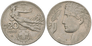 Италия 20 чентезимо 1922 R, Виктор Эммануил III (1900-1946) KM 44 никель 4615-633