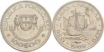 Португалия 100 эскудо 1989 серия золотой век португальских открытий, открытие Канарских островов KM 646 медно-никель UNC M31-15