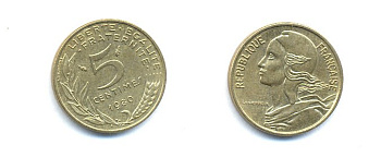 ФРАНЦИЯ 5 САНТИМОВ 1980 ТИП MARIANNE KM 933 медь алюминий никель 4379-562